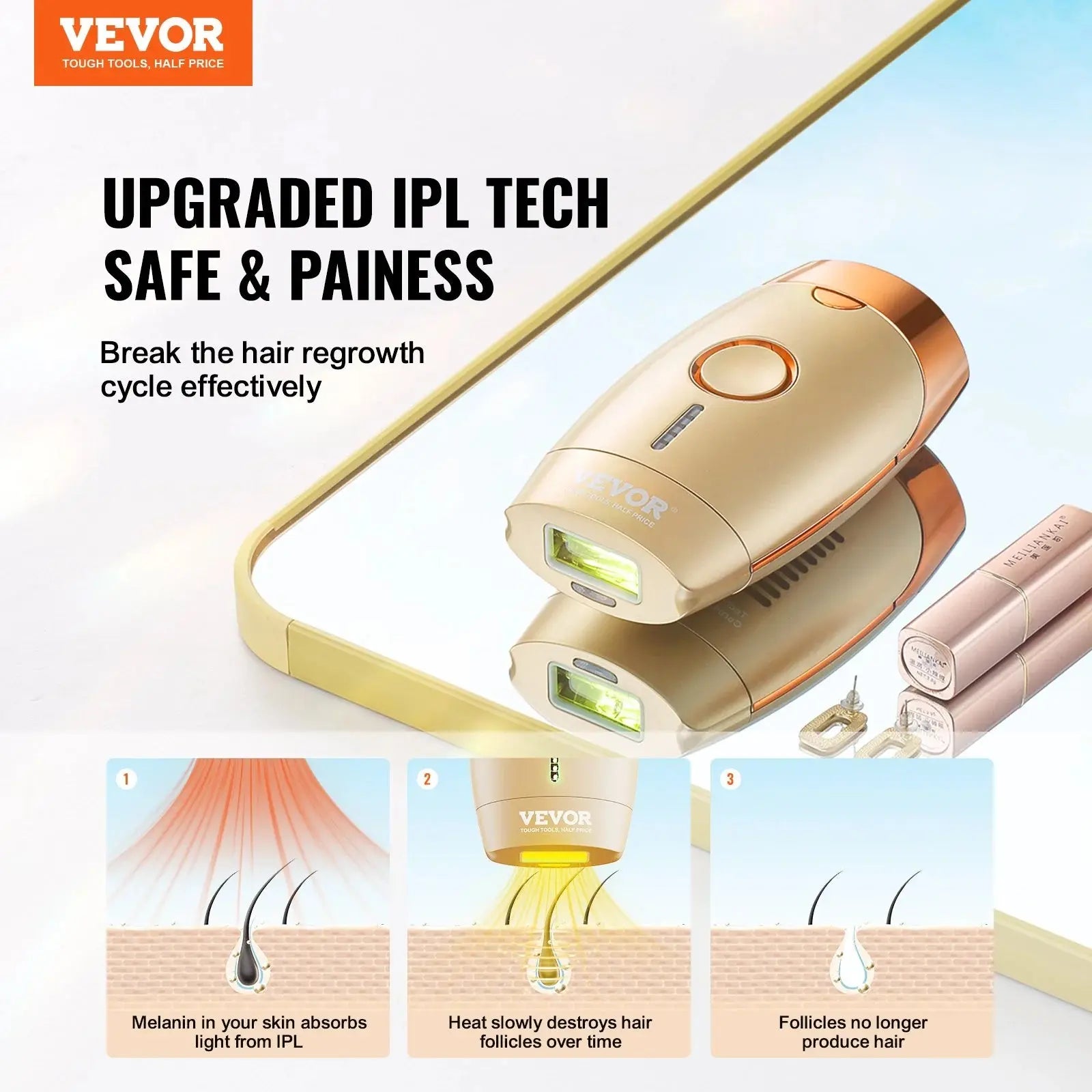 VEVOR IPL Hair Removal, Permanent Hair Removal for Women and Men, Auto/Manual Modes & 5 Adjustable Levels, Painless At-Home Hair Removal Device for Legs, Armpits, Bikini Line, Whole Body